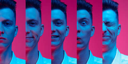 Collage made with cropped images of young man with different emetions over pink background in neon....