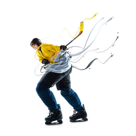 Creative image with little boy, begginer hockey player with huge mans legs aspires to become a...
