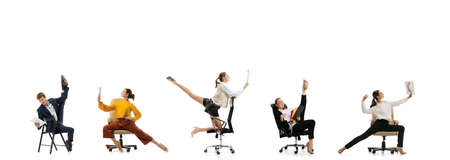 Emotional office workers in casual and business clothes with folders, coffee, tablet isolated on...