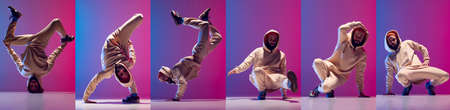 Flyer with sportive man dancing hip-hop, breakdance in white clothes on gradient pink blue...