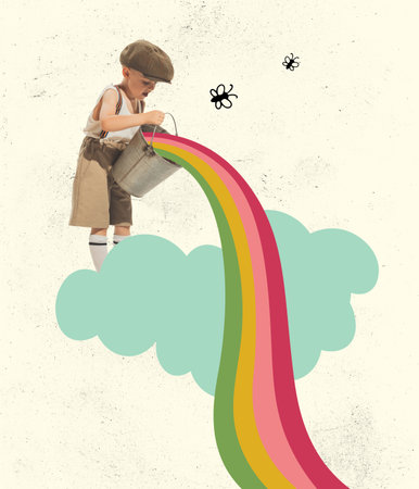 Art collage with cute preschool age kid isolated on light background. Childhood, education, studying, back to school concept.の写真素材
