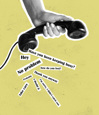 Contemporary art collage. Human hands holding retro vintage phone with magazine style lettering. Concept of style, retro, art, creativityの写真素材