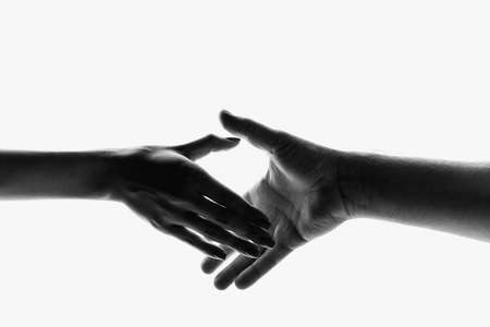 Handshake. Monochrome image of beautiful hands in different motion isolated on white background. Concept of community, care, support, symbolism, artの写真素材