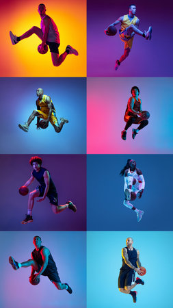 Vertical set of images of male and female professional basketball players jumping isolated on multicolor background in neon. Collageの写真素材