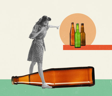 Shocked young girl after beer party. Contemporary art collage. magazine style. Concept of emotions, holidays, fun, joy, drinks and snacks, oktoberfest, ad and sales.の写真素材