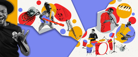 Mood and atmosphere. Concept of festival, creativity, inspiration, imagination, ad. Musicians with music instruments on bright abstract background.の写真素材
