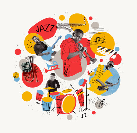 Music band. Concept of festival, creativity, inspiration, imagination, ad. Musicians with music instruments on bright abstract background. Poster, bannerの写真素材