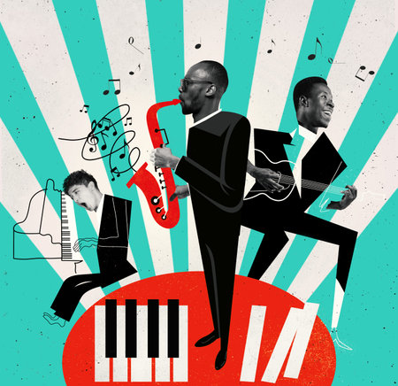 Concept of festival, creativity, inspiration, imagination, ad. Musicians with music instruments on multicolored abstract background. Poster, bannerの写真素材