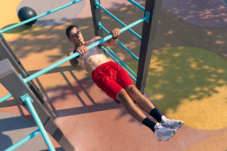 Workout. Strong muscular man, student training, practicing at sport ground at public park in summer...