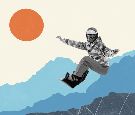 Professional female snowboarder in sportswear snowboarding isolated bright background. Contemporary art collage. Winter sports, speed, energyの写真素材