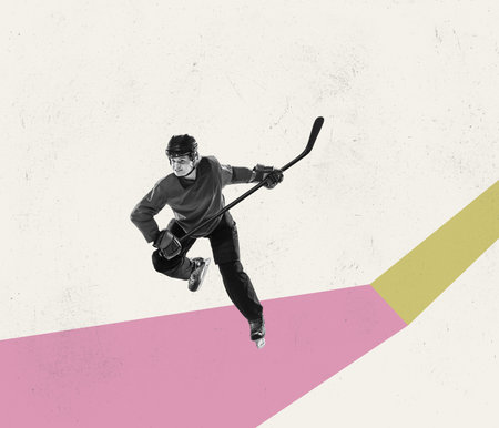 Retro style design. Contemporary art collage of hockey player in motion isolated over pastel color abstract background. Concept of sportの写真素材
