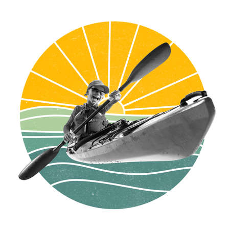 Young happy athlete, beginner kayaker in canoe with a life vest and paddle over colorful abstract background. Concept of sport, travel, active lifestyleの写真素材