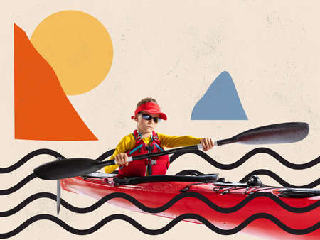 Young athlete, beginner kayaker in canoe with a life vest and paddle over colorful abstract...