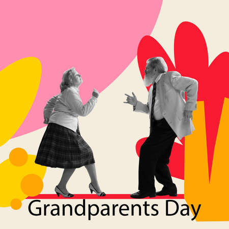 Bright contemporary art collage. Senior couple, happy grandparents dressed in 70s, 80s fashion style dancing rock-and-roll, social dance on floral backgroundの写真素材