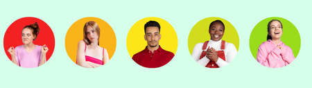 Female psychology through the eyes of men. Set of round icons with young female faces expressing...