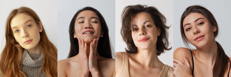 Set of images of young different girls with well-kept young skin without makeup isolated on light...