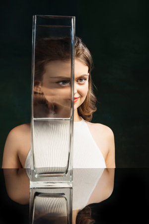 Surreal art photography. Young girls face through glass vase over dark green background. Object...