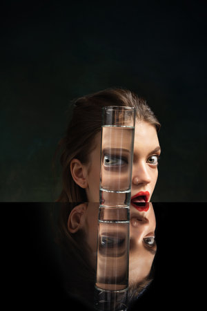 Creative art photography. Young girls face through glass of water over dark green background. Object distortion, optical illusion. Minimalismの写真素材