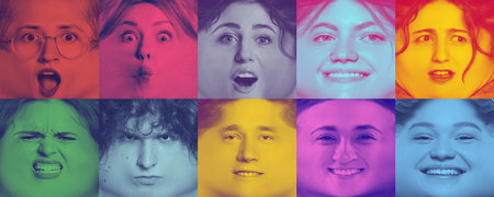 Duotone effect. Collage made of funny stretched faces of different young people expressing emotions....
