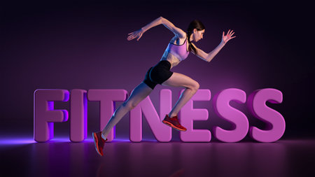 Athletic young woman in sports uniform running along 3d lettering over dark background in neon light. Sport, action, fitness, youth concept.の写真素材