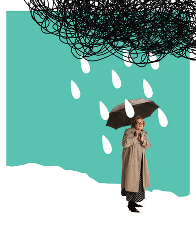 Autumn depression. Middle age sad scared woman standing with umbrella under drawn rain. Contemporary art collage.の写真素材