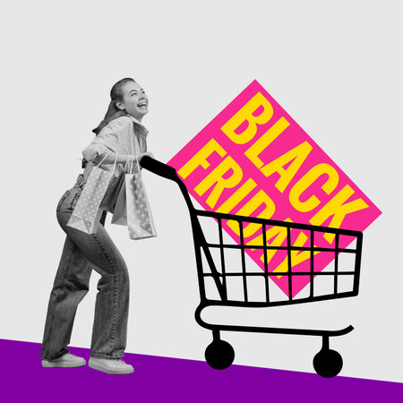 Bright poster for promotion of seasonal sales, black Friday, business concept. Young girl invites everyone for sales. Concemporary art collageの写真素材