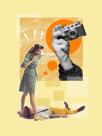 Social media in your daily life. Contemporary art collage. Concept of retro vintage fashion, music, mix old and modernity. Surrealismの写真素材