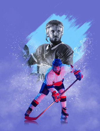 Poster with portrait of professional hockey player in sports uniform and protective equipment over blue background. Concept of sport, power, energyの写真素材