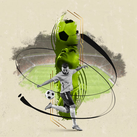 Creative artwork in poster graphic. Professional male soccer football player in motion with ball over sports stadium, football field background.の写真素材