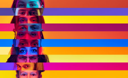 Composite image of close-up male and female eyes isolated on colored neon striped backgorund. Concept of equality, unification of all nations, ages and interestsの写真素材