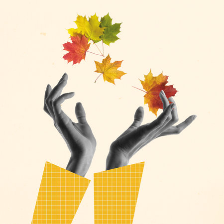 Minimalism, contemporary art collage. Inspiration, idea, trendy urban magazine style. Autumn mood, beauty and nature concept. Artworkの写真素材