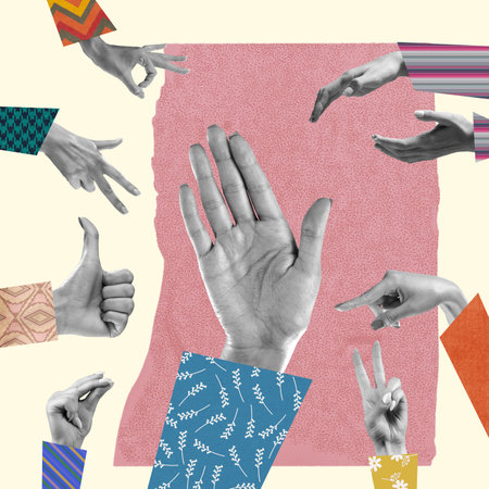 Human hands aesthetic gesturing on light background, artwork. Concept of human relation, community, symbolism, surrealism.の写真素材