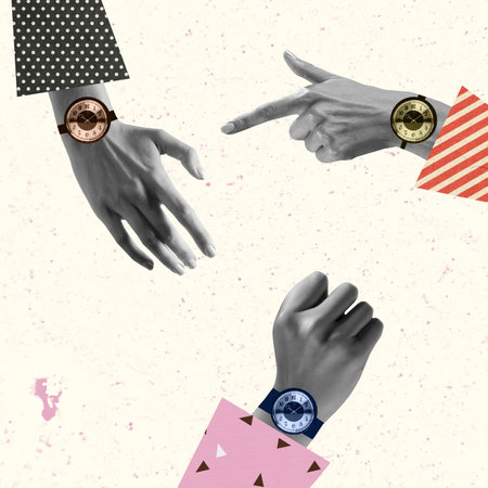 Keeps time. Human hands aesthetic wearing hand watches on light background, artwork. Concept of business, community, symbolism, surrealism.の写真素材