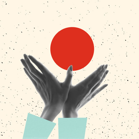 Contemporary art collage, modern design. Aesthetic of hands. Trendy pastel colors. Copyspace for your ad or text. Surreal conceptual poster.の写真素材