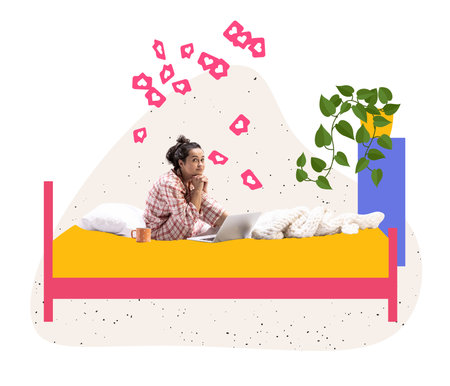 Love. Young charming girl in home wear sitting on bed at home and dreaming. Conceptual creative contemporary art collage. Ideas, inspiration, imagination.の写真素材
