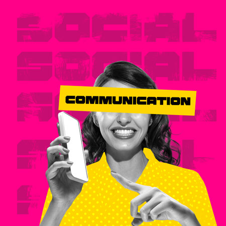 Contemporary art collage. Cheerful young woman pointing on phone screen. Online communicationの写真素材