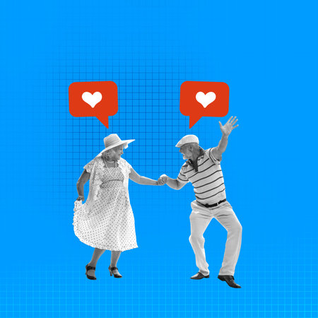 Contemporary art collage. Senior man and woman dancing over blue background with social media like...