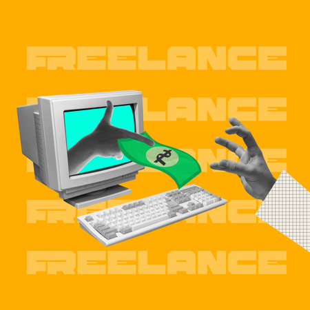 Contemporary art collage. Man taking money sticking out computer monitor. Online payment and salary...