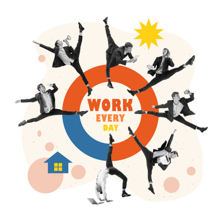 Dancing business man and his work week. Business lifestyle. Concept of business, finance, career, creative posterの写真素材