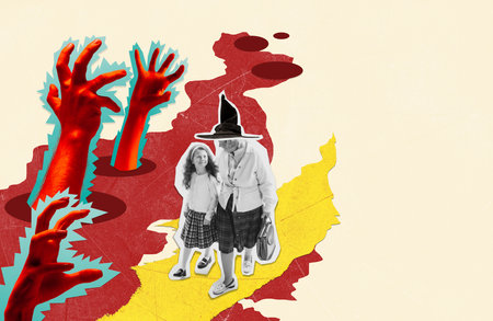 Contemporary art collage. Senior lady walking with little girl around creepy and terrifying hands of death appearingの写真素材