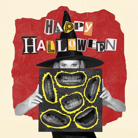 Contemporary art collage. Woman in image of witch choosing creepy smiles. Happy Halloweenの写真素材