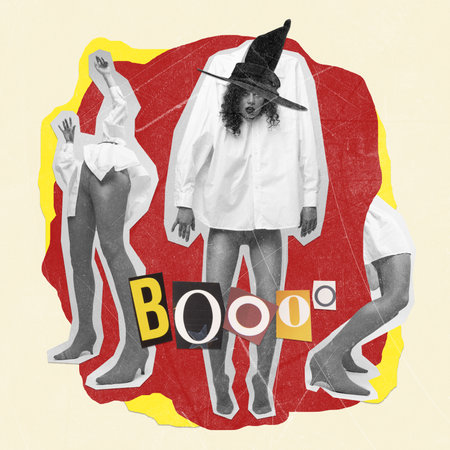 Contemporary art collage. Creepy image of weird girl in witch head and only legs body part standing aroundの写真素材