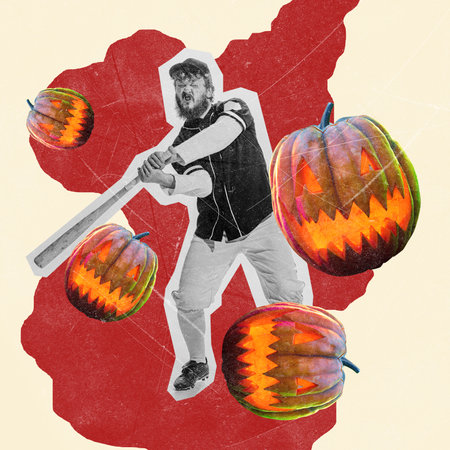 Contemporary art collage. Man actively fighting with angry pumpkins attacking him. Hitting with batの写真素材