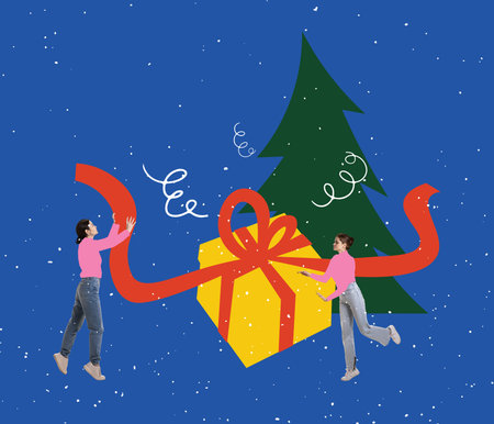 Design for greeting card. Contemporary art collage. Young people preparing to celebrate Christmas holidays. Winter vacations, New Year, Christmas, creativity, fun, adの写真素材