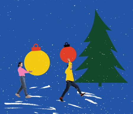 Design for greeting card. Contemporary art collage. Young people preparing to celebrate Christmas holidays. Winter vacations, New Year, Christmas, creativity, fun, adの写真素材