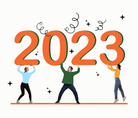 Young people holding huge numbers 2023 isolated on light background. Concept of Christmas, New...