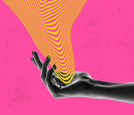 Contemporary art collage. Female hand over bright pink background with abstract design element. Hypnoticの写真素材