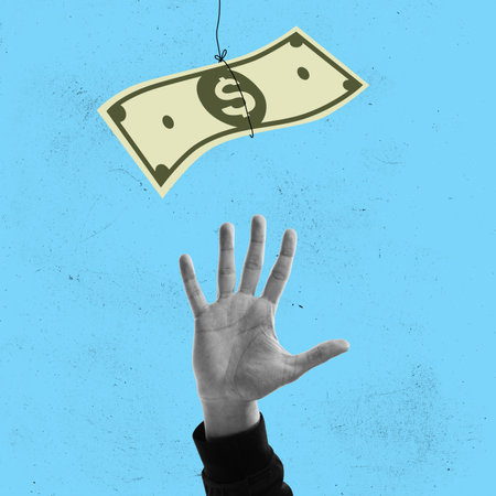Contemporary art collage. Human hand reaching money over blue background. Financial growth motivationの写真素材