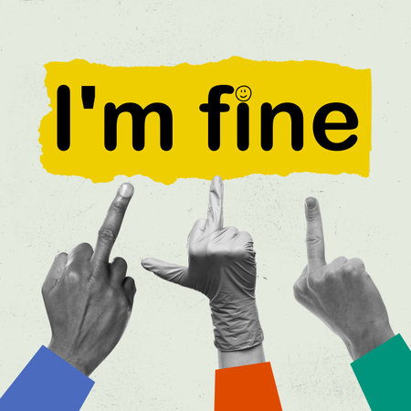 Contemporary art collage. Human hands showing negative and rude middle finger signs to express negative attitudeの写真素材