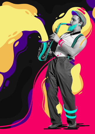 Contemporary art collage. Young man playing saxophone performing. Design with multi color splashesの写真素材